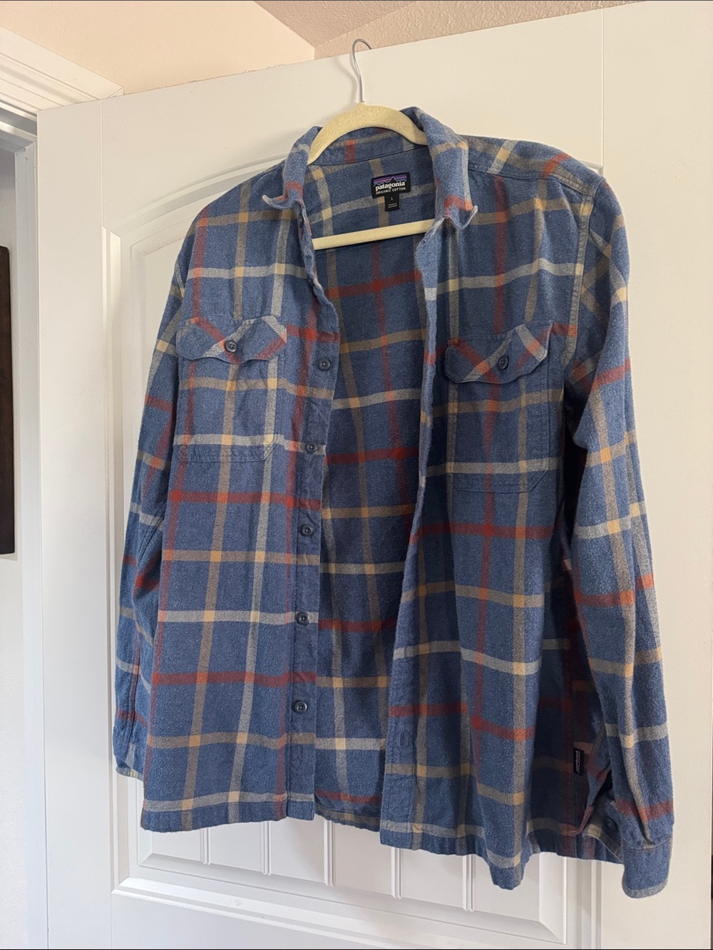 Men’s Patagonia Blue Plaid Button-Front Jacket with Cream & Rust Lines